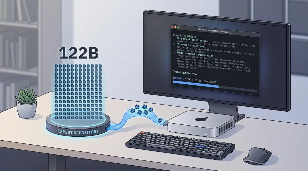 图片由 Manjunath Janardhan 提供,通过 TurboQuant-MLX 专家流技术在 16 GB Mac mini 上运行的 122B 参数 LLM